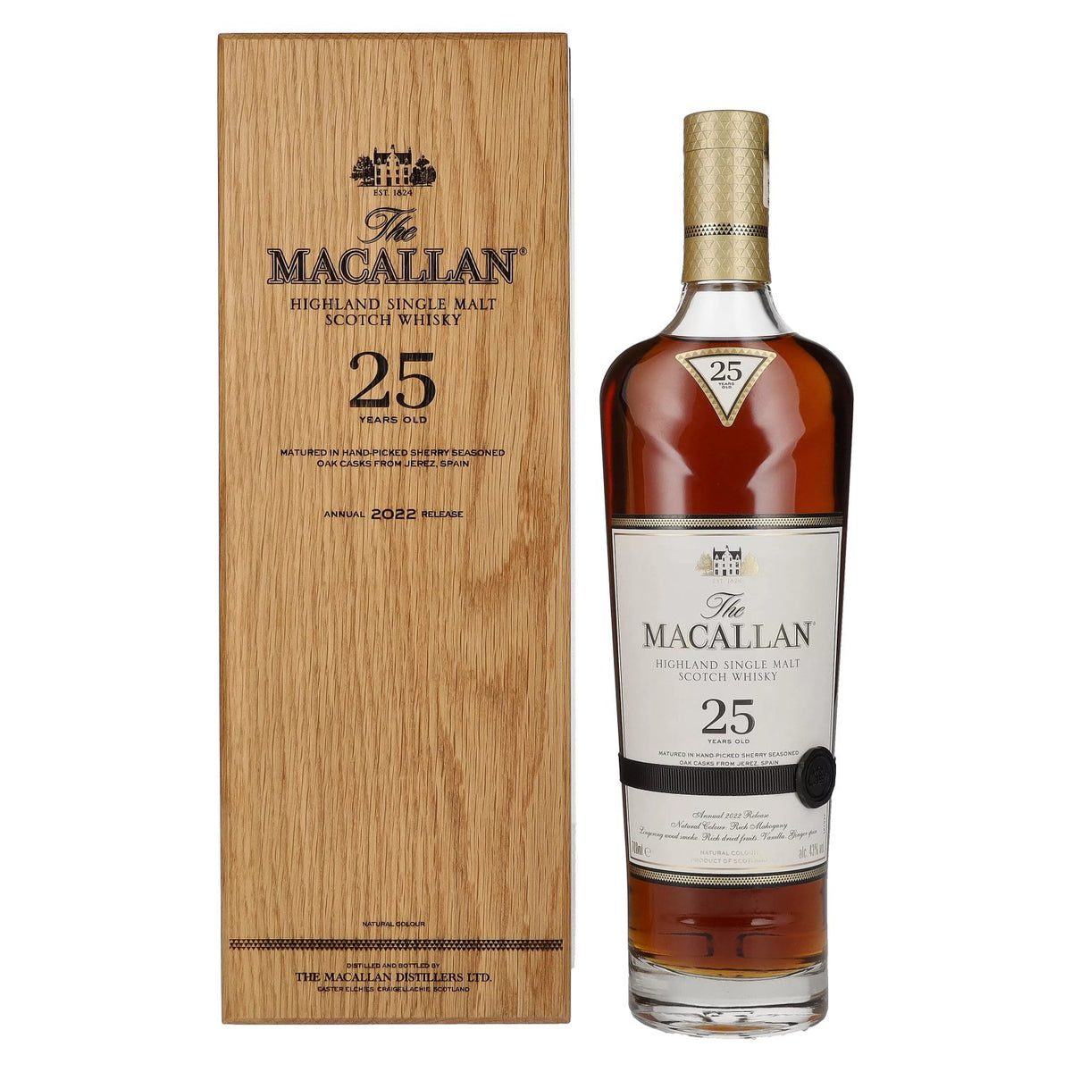 The Macallan 25 ans d'âge SHERRY OAK 2022, 43 % vol., 0,7 l, dans un coffret en bois