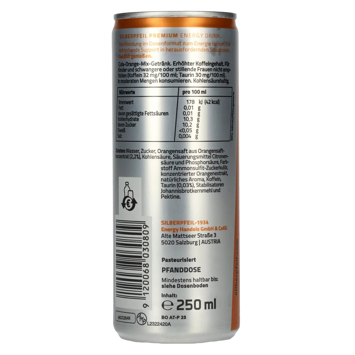 SILBERPFEIL Energy Drink BLACK ORANGE, canette de 0,25 l, consigne