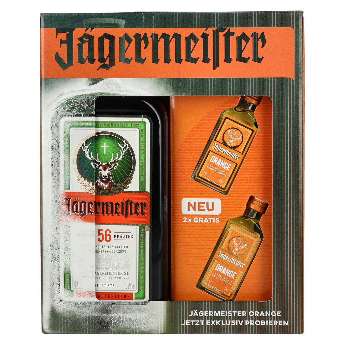 Jägermeister On Pack 34,9 % vol., 0,7 l, avec 2 Jägermeister Orange de 0,02 l