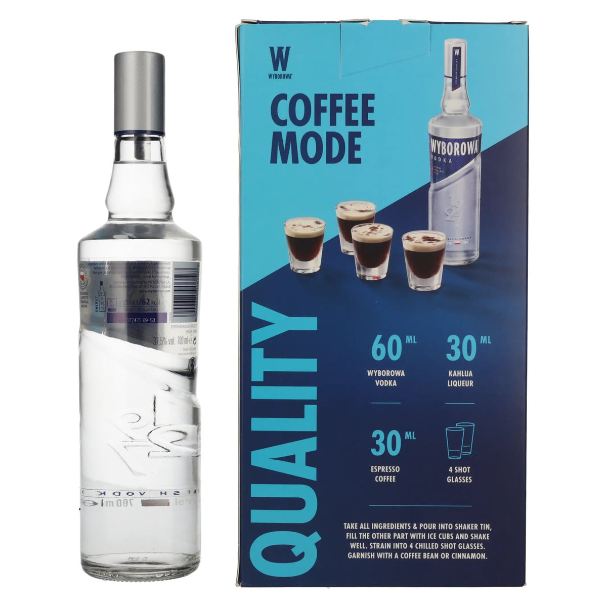 Wyborowa Vodka 37.5% ABV, 0.7 litres, in a gift box with 2 shot glasses