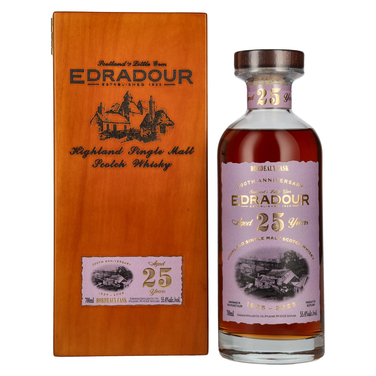 Edradour 25 Years Old 200th Anniversary 1st Fill Bordeaux Cask Highland Single Malt 55,4% Vol. 0,7l in houten kistje