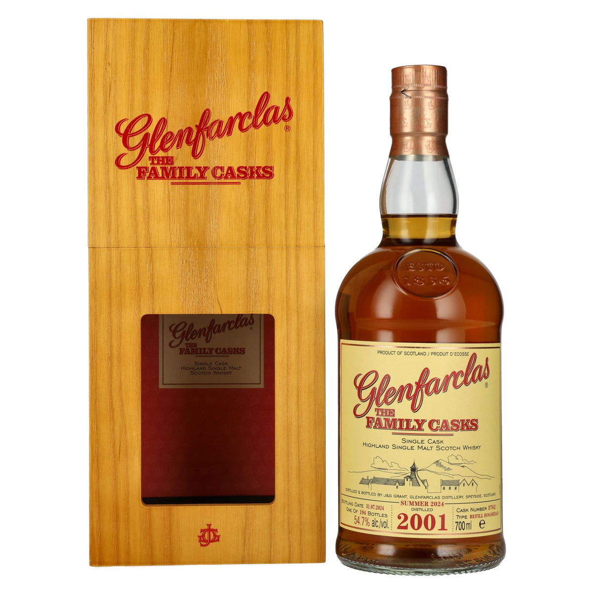 Glenfarclas THE FAMILY CASKS Single Cask SUMMER 2024 Refill Hogshead n° 3762 2001 54,7 % vol. 0,7 l dans un coffret en bois