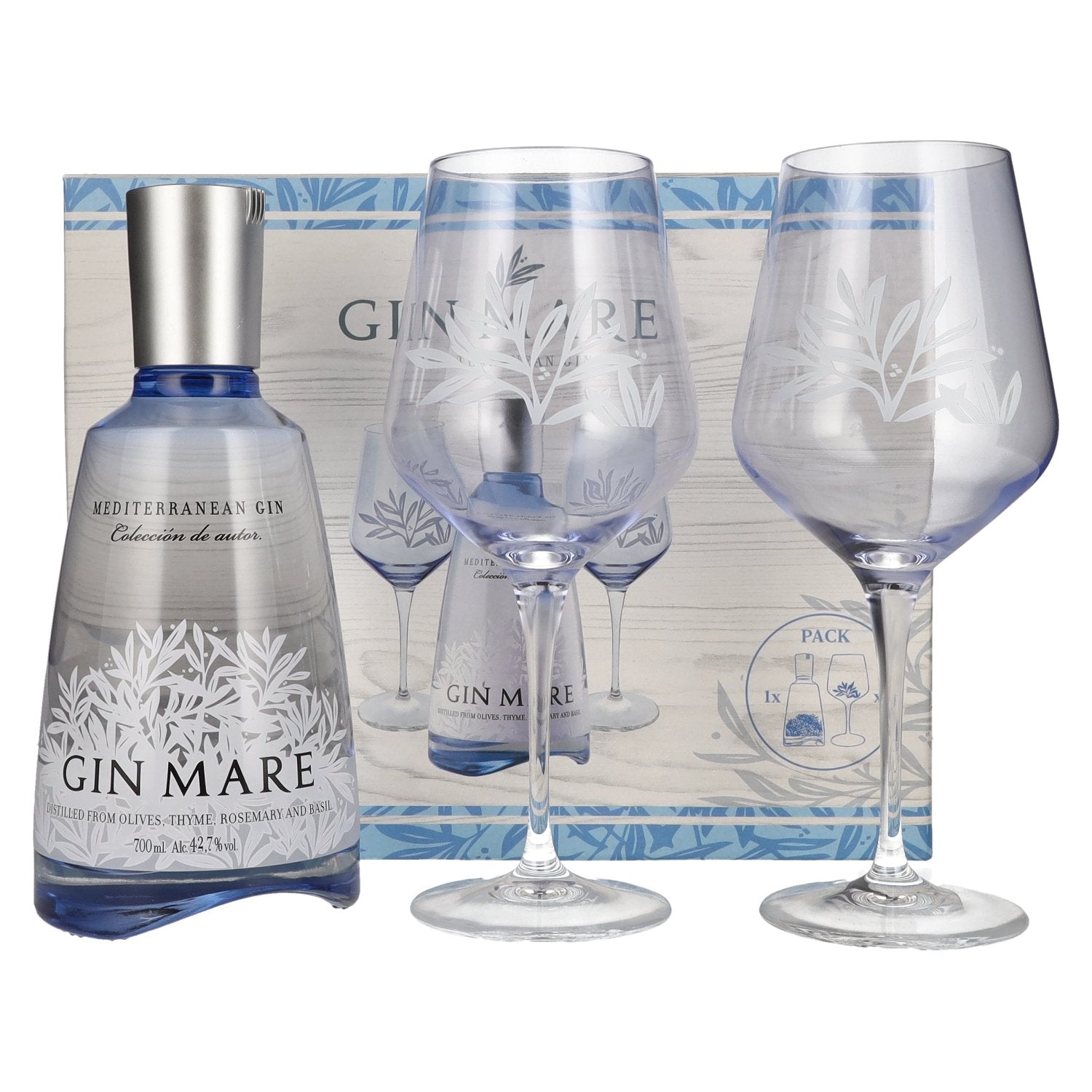 Gin Mare Mediterranean Gin 42,7% vol. 0,7l en boîte cadeau avec 2 verres