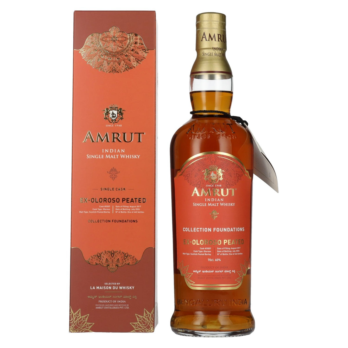 Amrut Ex-Oloroso Peated Indian Single Malt Whisky Collection Foundations 60% Vol. 0,7l en coffret cadeau