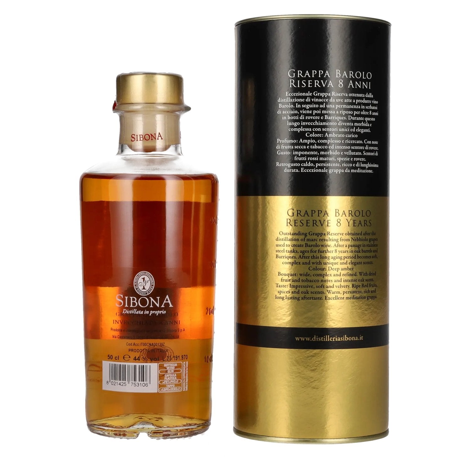 Sibona 8 Anni Invecchiata Grappa di BAROLO 44% Vol. 0.5l in geschenkverpakking
