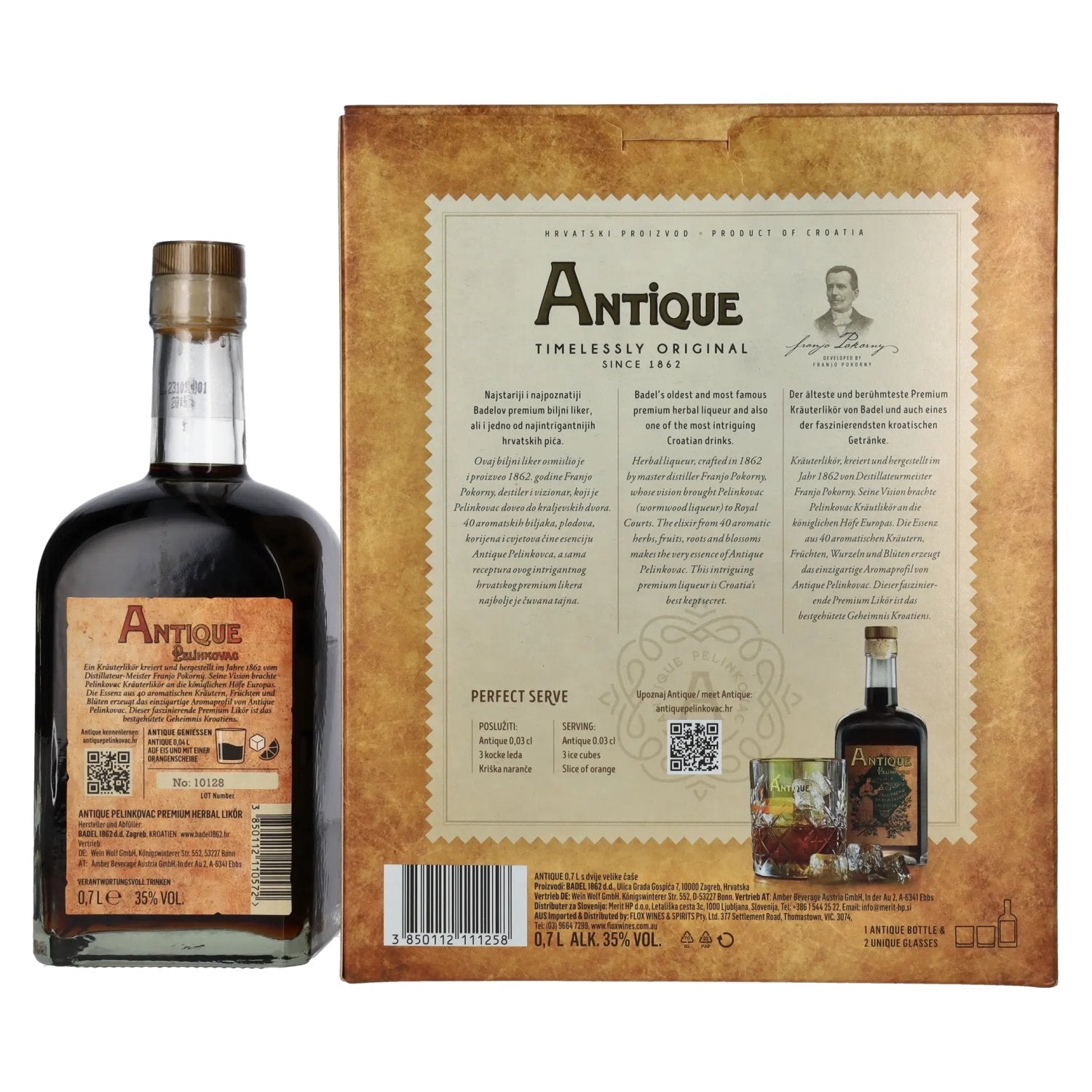 Badel Antique Pelinkovac Premium Herbal Liqueur 35% Vol. 0,7l in gift box with 2 glasses