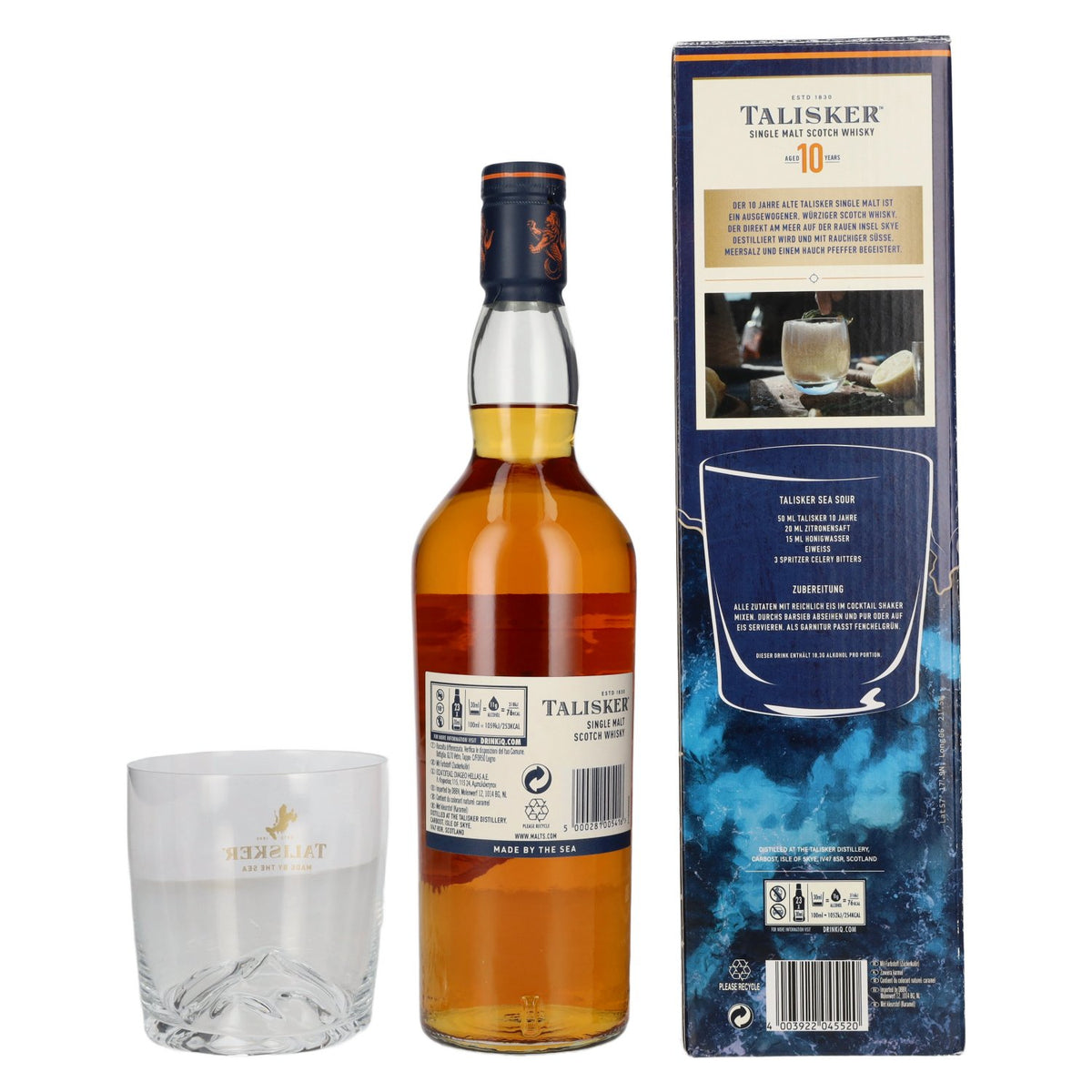 Whisky single malt écossais Talisker 10 ans d'âge, 45,8 % vol., 0,7 l, dans un coffret cadeau avec un verre à whisky