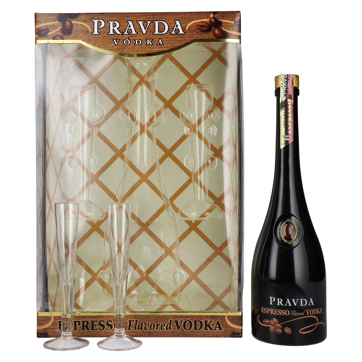 Pravda ESPRESSO Gearomatiseerde Wodka 37,5% Vol. 0,7l in geschenkverpakking met 2 glazen