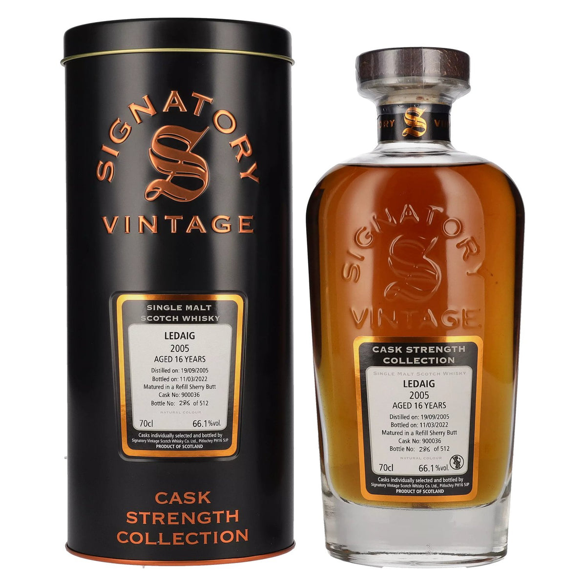 Signatory Vintage LEDAIG 16 jaar oud, cask strength, 2005, 66,1% vol., 0,7 l in blikken doos
