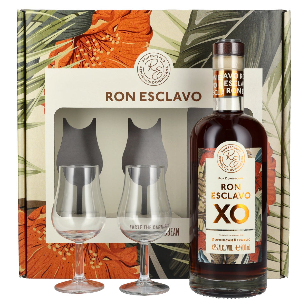Ron Esclavo XO Ron Dominicana 42 % vol., 0,7 l, dans un coffret cadeau avec 2 verres