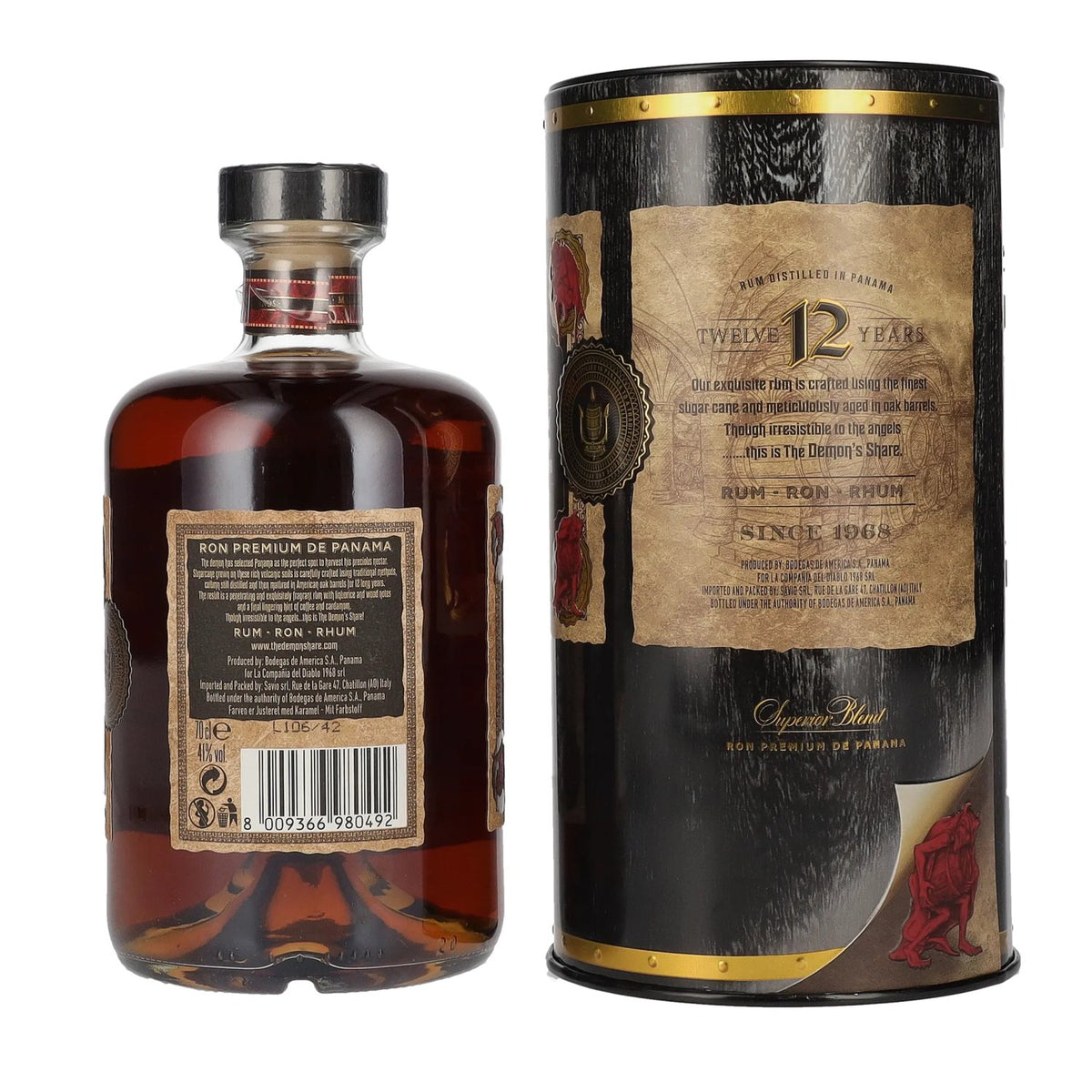 Rhum « The Demon's Share Superior Blend » 12 ans d'âge, 41 % vol., 0,7 l, dans une boîte en fer-blanc