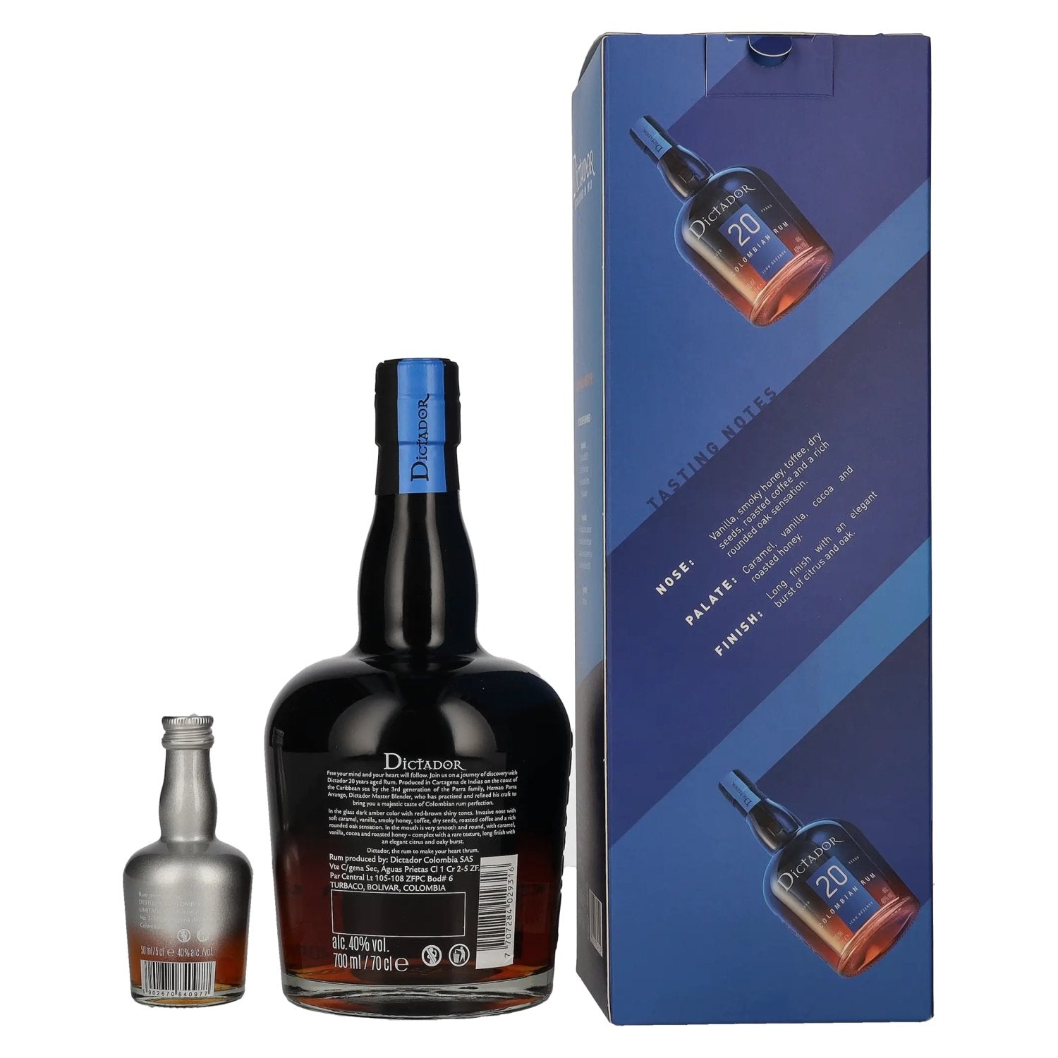 Dictador 20 Years Old ICON RESERVE Colombian Rum 40% Vol. 0,7l in Geschenkbox mit Dictador XO Insolent Miniatur 0,05l