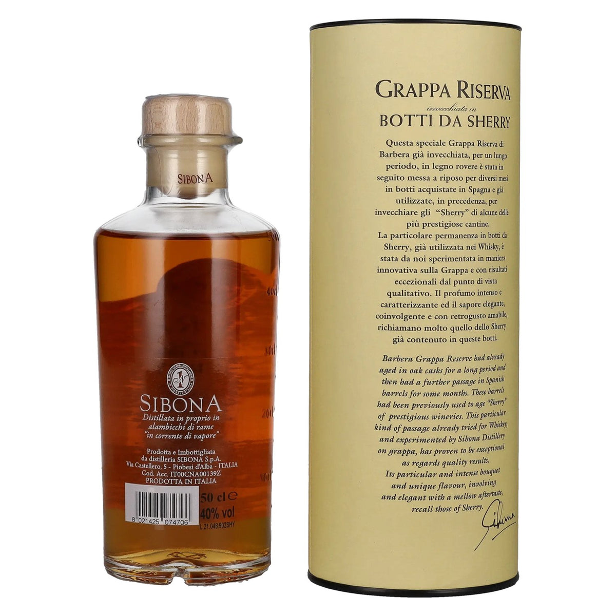 Sibona GRAPPA RISERVA Botti da SHERRY 40% vol. 0,5 l in geschenkverpakking
