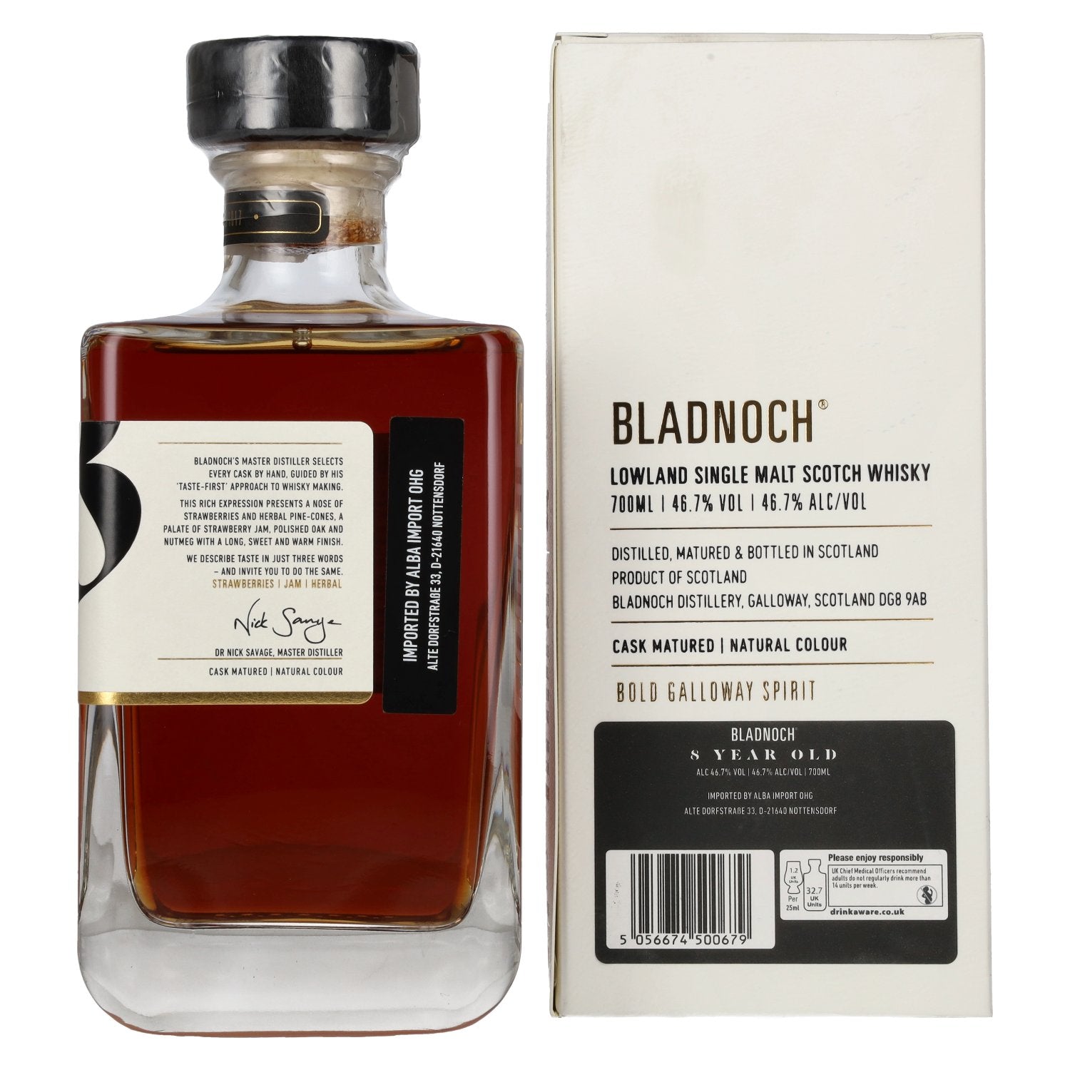 Bladnoch 8 Years Old Lowland Single Malt American Red Wine Cask 46,7% Vol. 0,7l en boîte cadeau