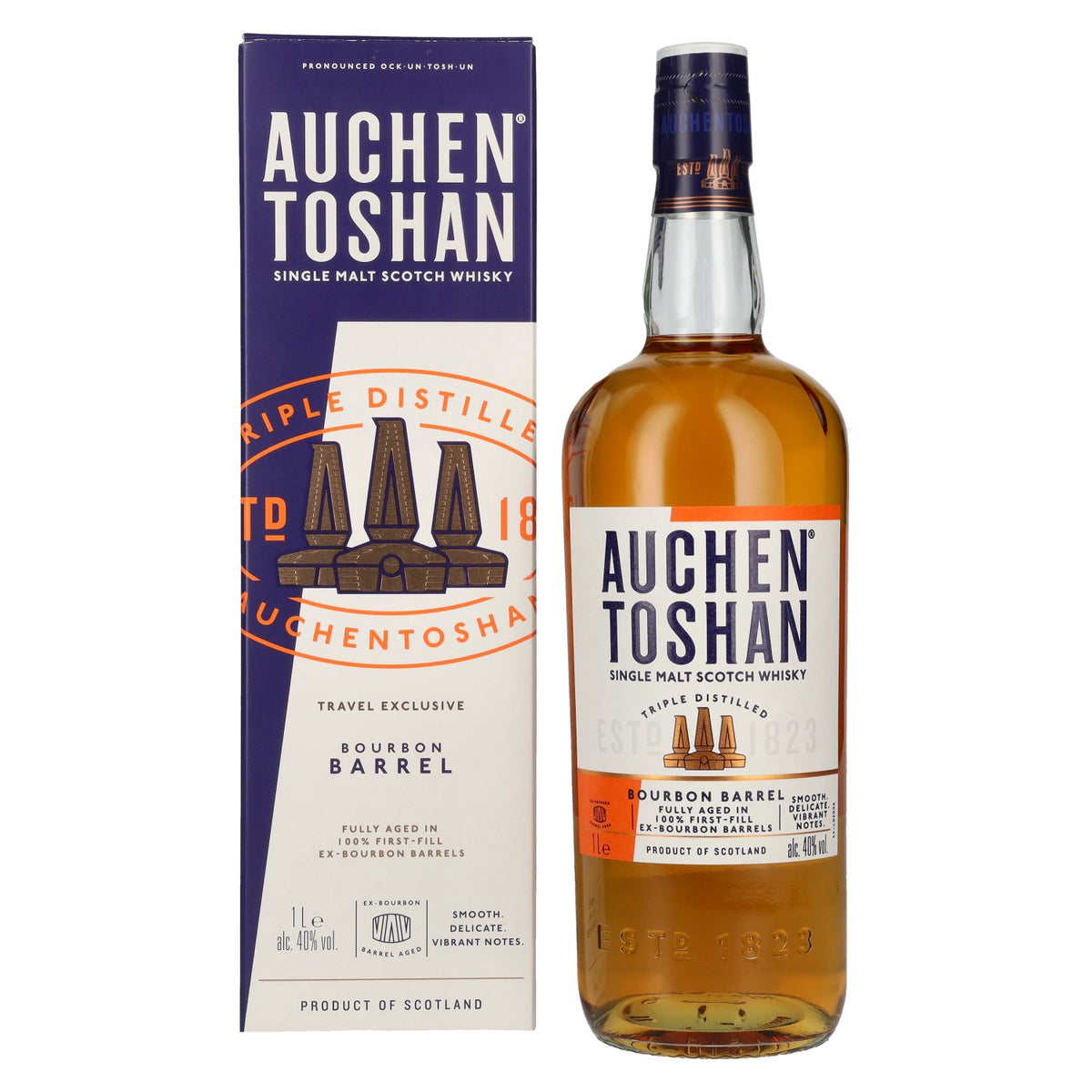 Whisky écossais single malt Auchentoshan BOURBON BARREL, édition exclusive pour les voyages, 40 % vol., 1 l, dans un coffret cadeau