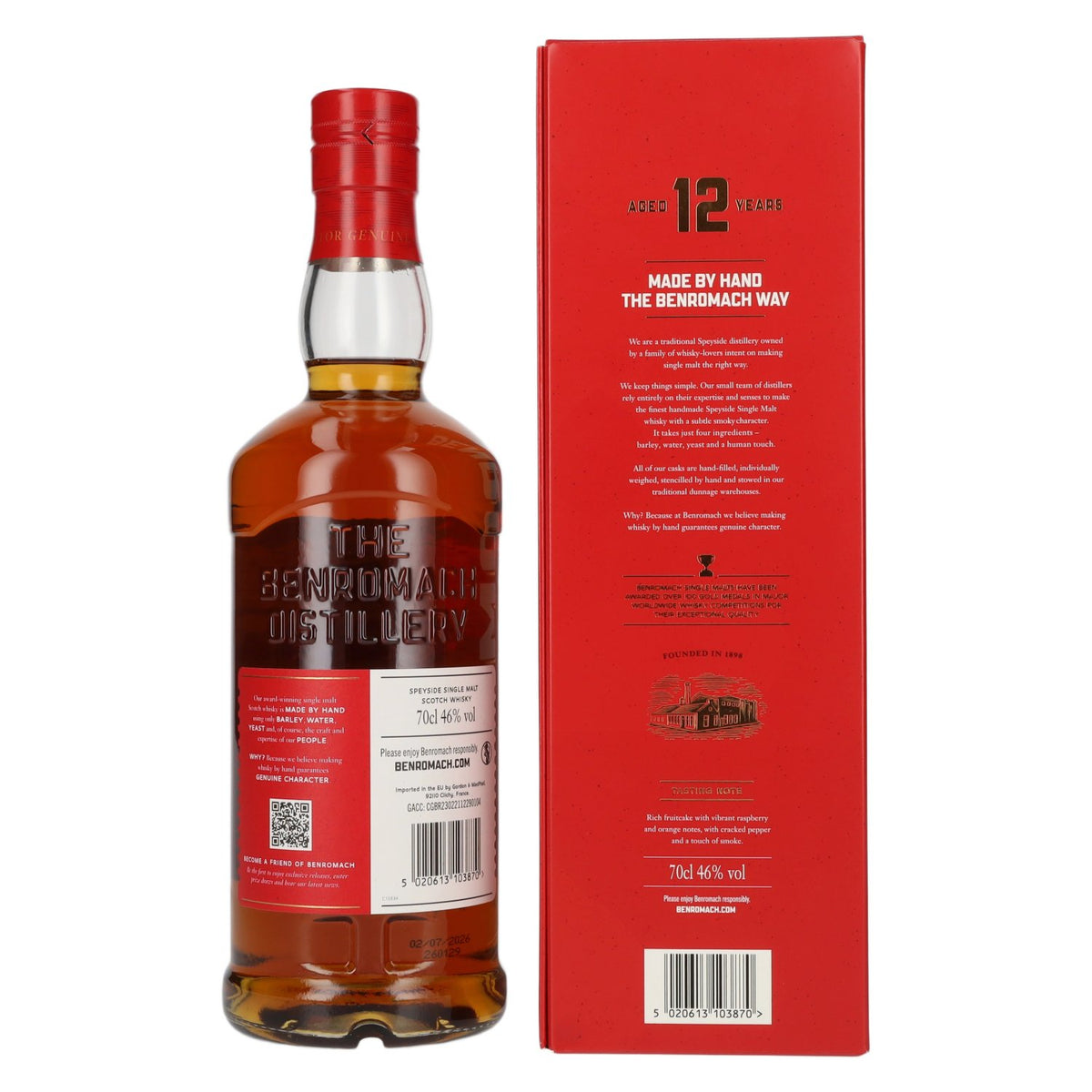 Benromach 12 ans d'âge, vieilli exclusivement en fûts de sherry, single malt du Speyside, 46 % vol., 0,7 l, dans un coffret cadeau