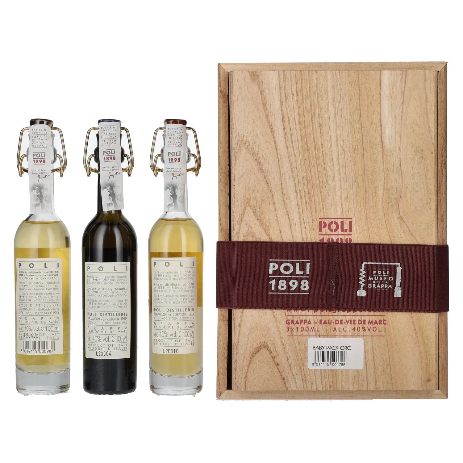 Poli Grappa Baby Pack ORO 40% Vol. 3x0,1l in Holzkiste