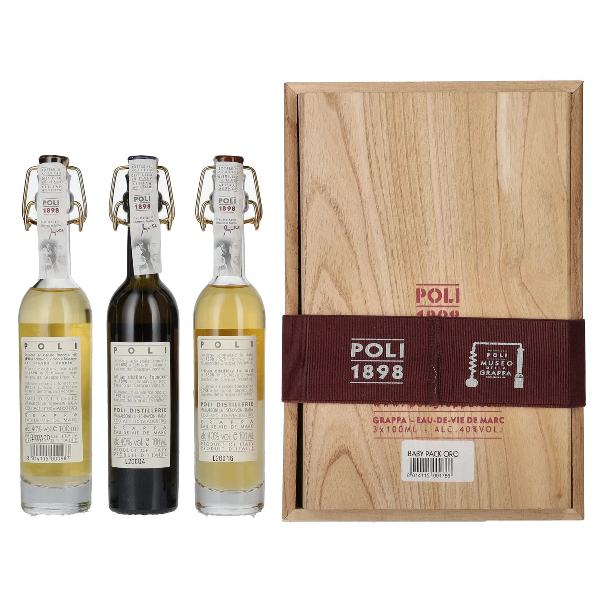 Poli Grappa Baby Pack ORO 40 % vol., 3 x 0,1 l dans une caisse en bois