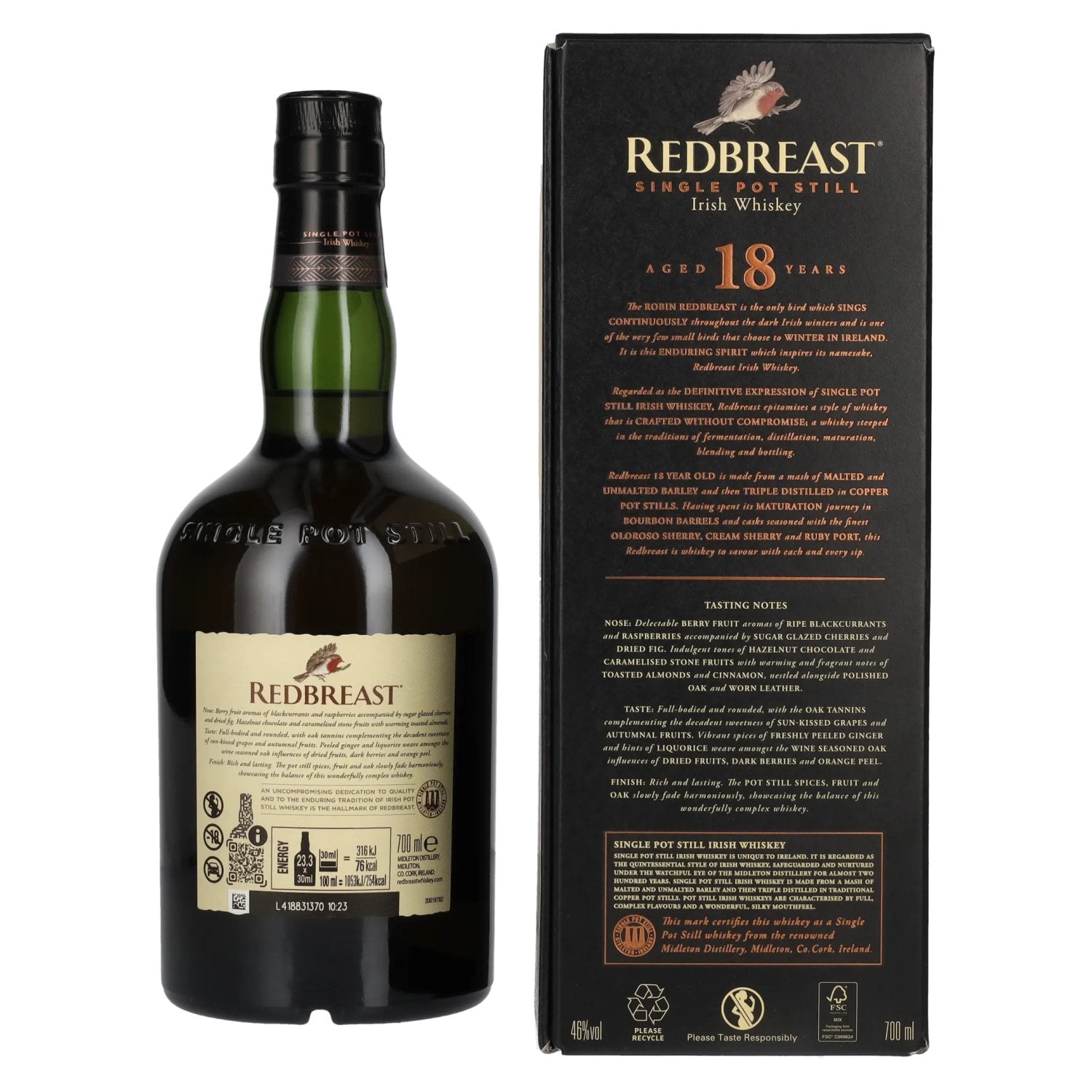 Redbreast 18 Years Old Single Pot Still Irish Whiskey 46% Vol. 0,7l en boîte cadeau
