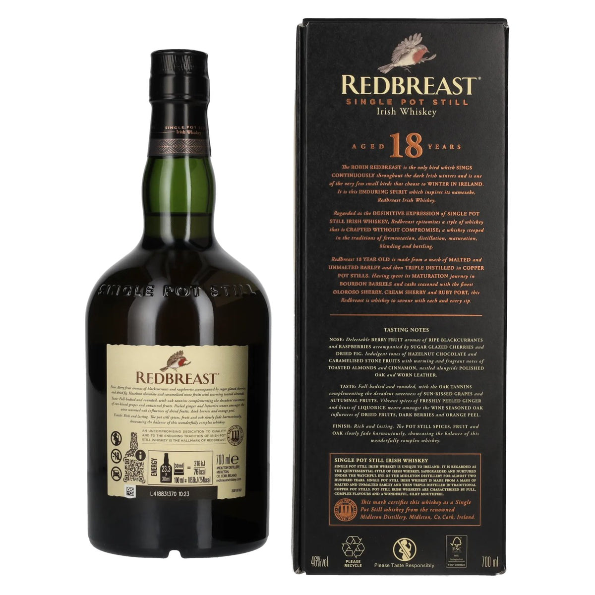 Whisky irlandais Redbreast 18 ans d'âge, Single Pot Still, 46 % vol., 0,7 l, dans un coffret cadeau