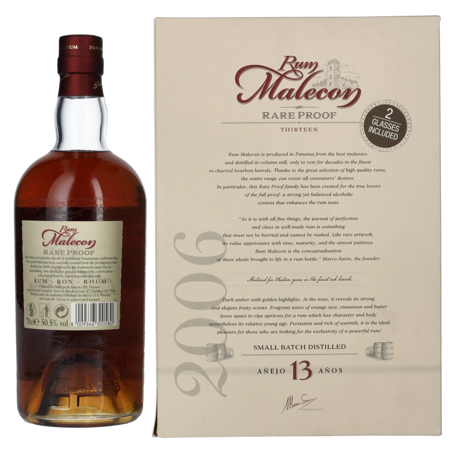 Rum Malecon Añejo 13 Años RARE PROOF 2006 50,5% Vol. 0,7l in gift box with 2 glasses