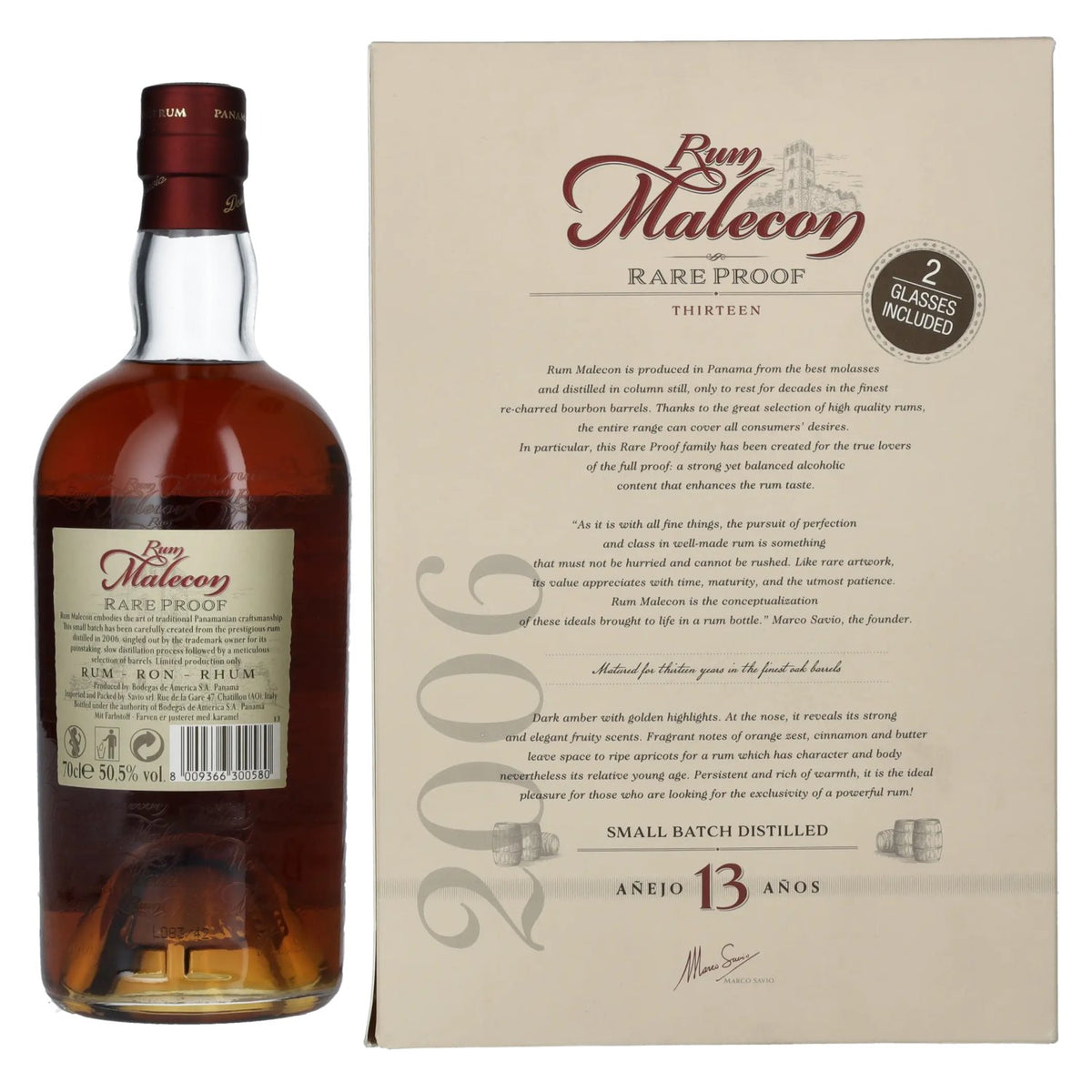 Rum Malecon Añejo 13 ans RARE PROOF 2006 50,5 % vol. 0,7 l dans un coffret cadeau avec 2 verres
