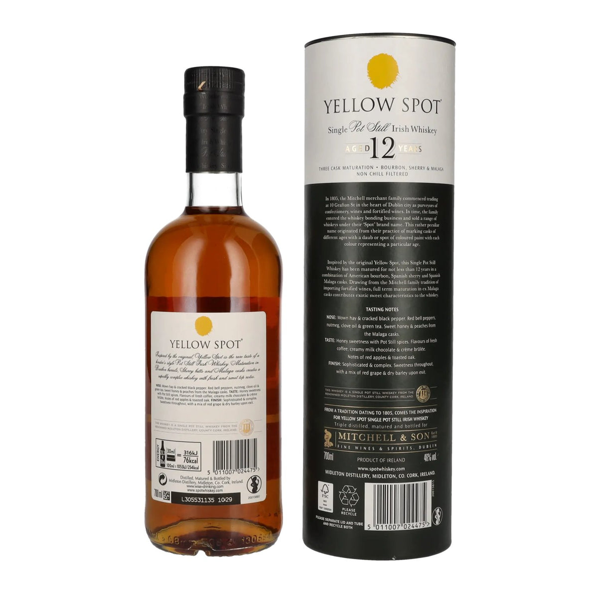 Yellow Spot 12 ans d'âge, whisky irlandais Single Pot Still, 46 % vol., 0,7 l, dans un coffret cadeau