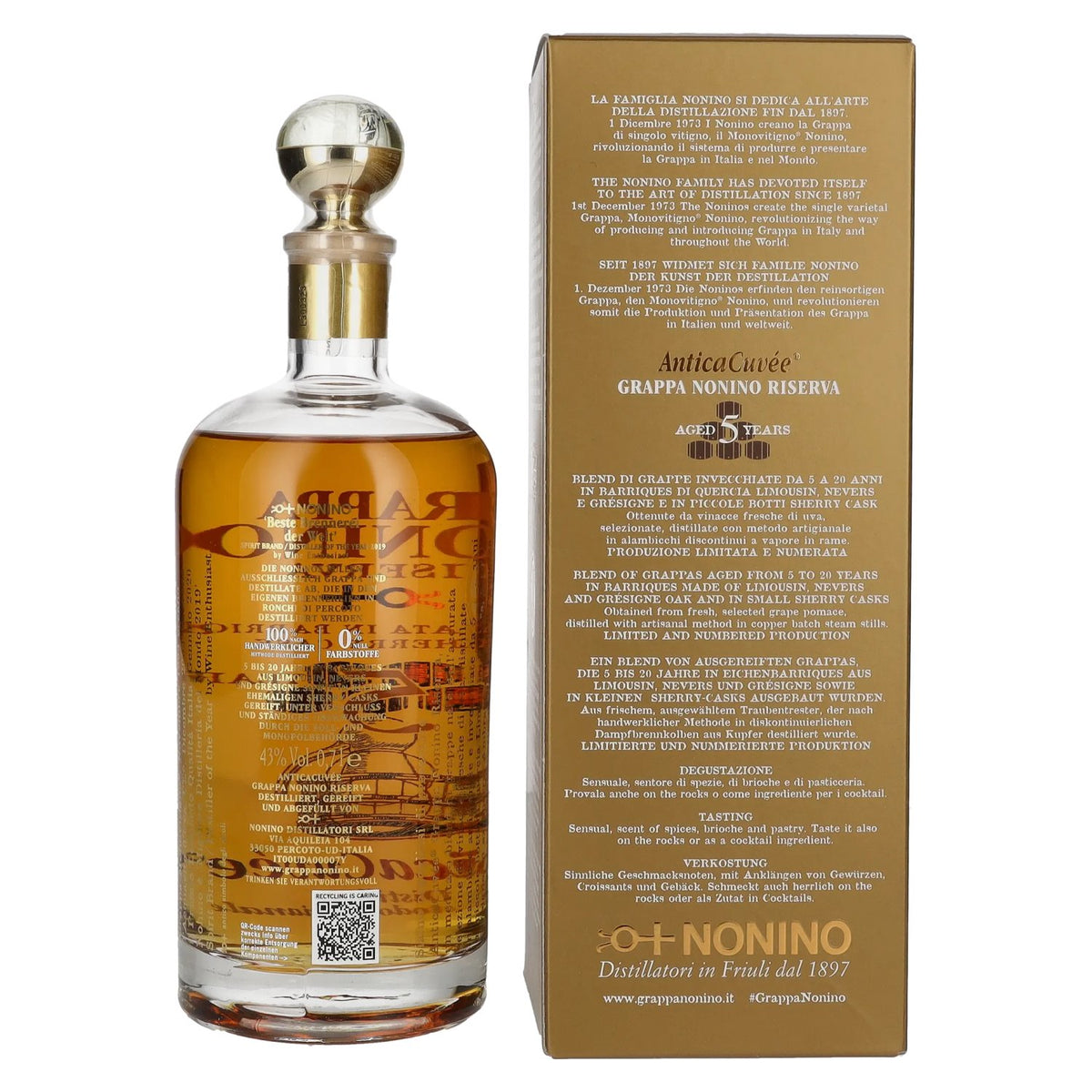Nonino Grappa Riserva Antica Cuvée 5 Years Old 43% vol. 0,7 l in geschenkverpakking