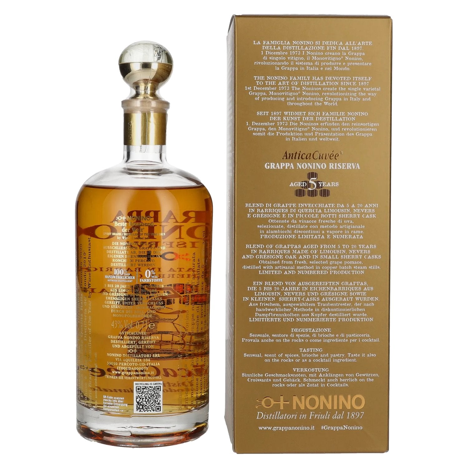 Nonino Grappa Riserva Antica Cuvée 5 Years Old 43% Vol. 0,7l in Geschenkbox
