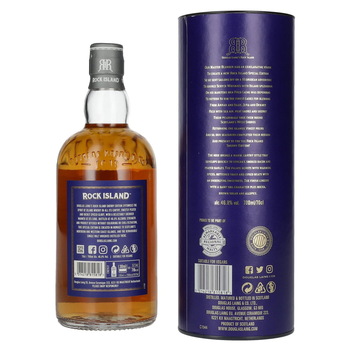 Douglas Laing ROCK ISLAND Sherry Edition Small Batch Blended Malt 46,8 % vol., 0,7 l, dans un coffret cadeau