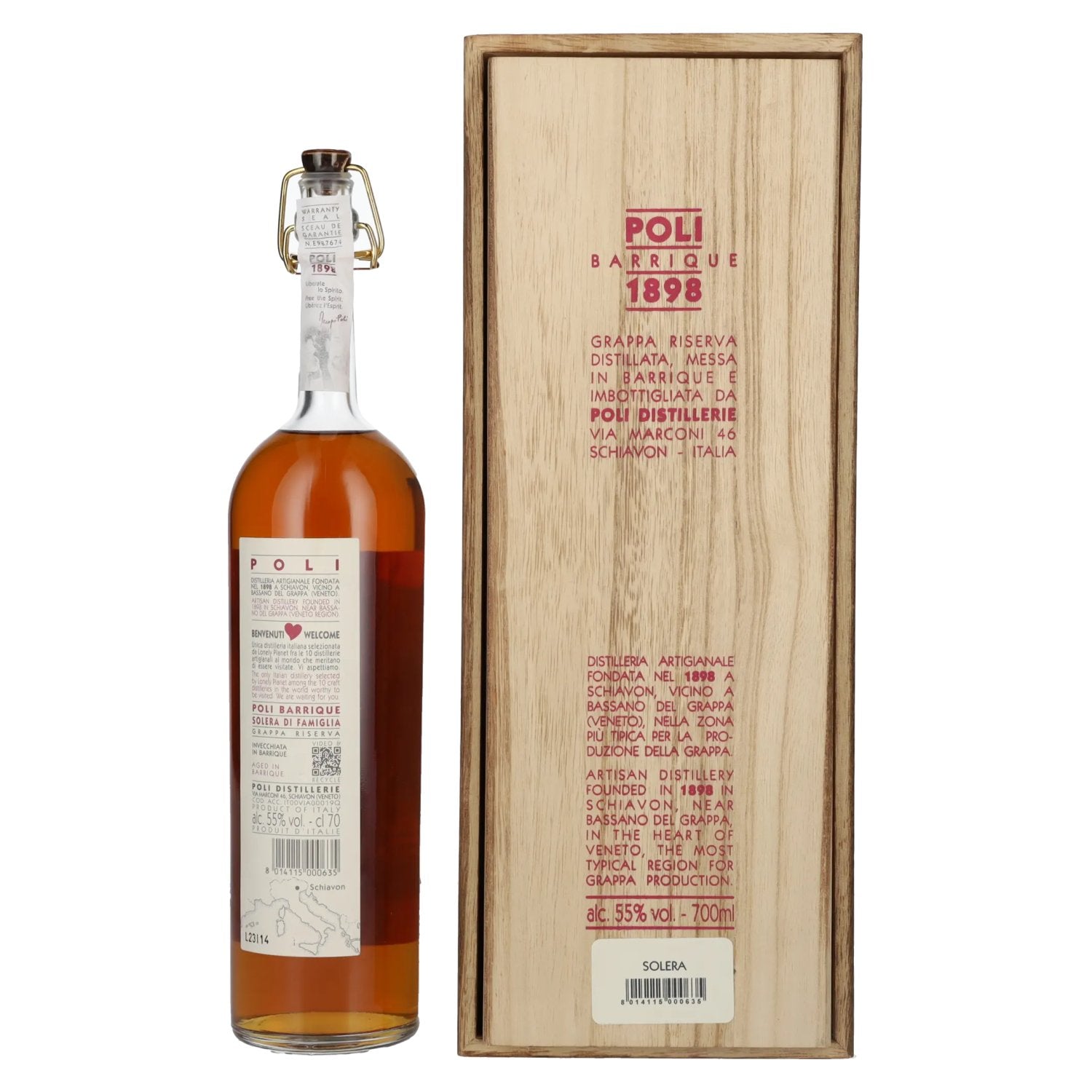 Poli Grappa Barrique 1898 Solera di Famiglia 55% Vol. 0,7l in Holzkiste
