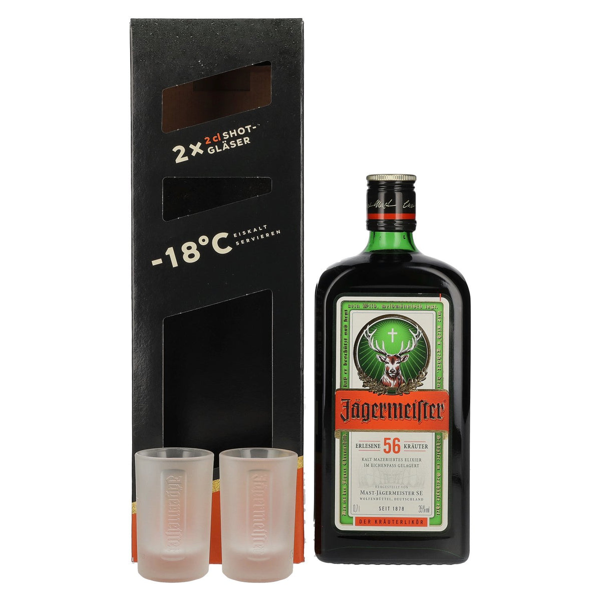 Jägermeister 35 % vol., 0,7 l, dans un coffret cadeau comprenant 2 verres à shot