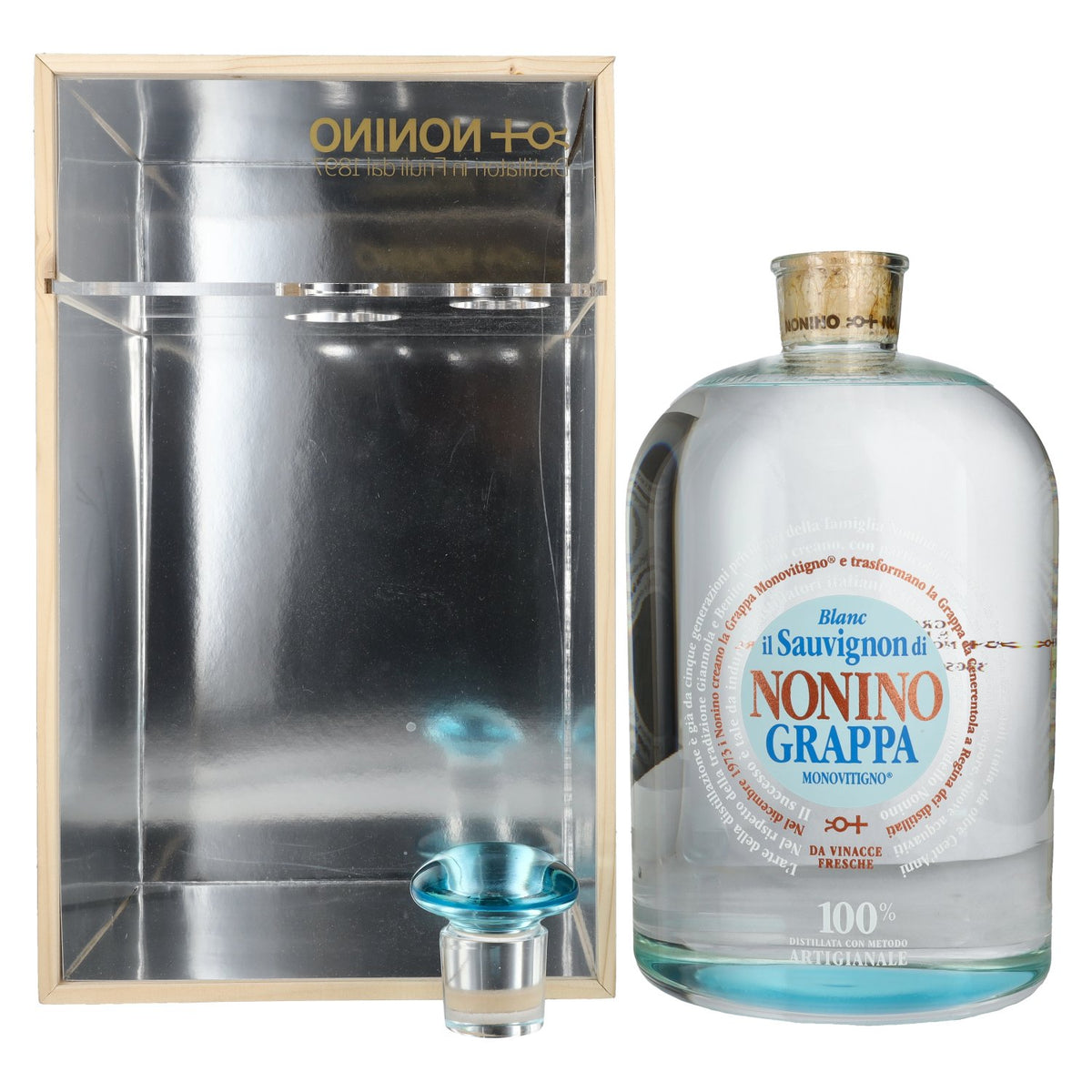 Nonino Grappa Monovitigno il Sauvignon di Blanc 41% Vol. 6.3 litres in a wooden box with a dosing pump