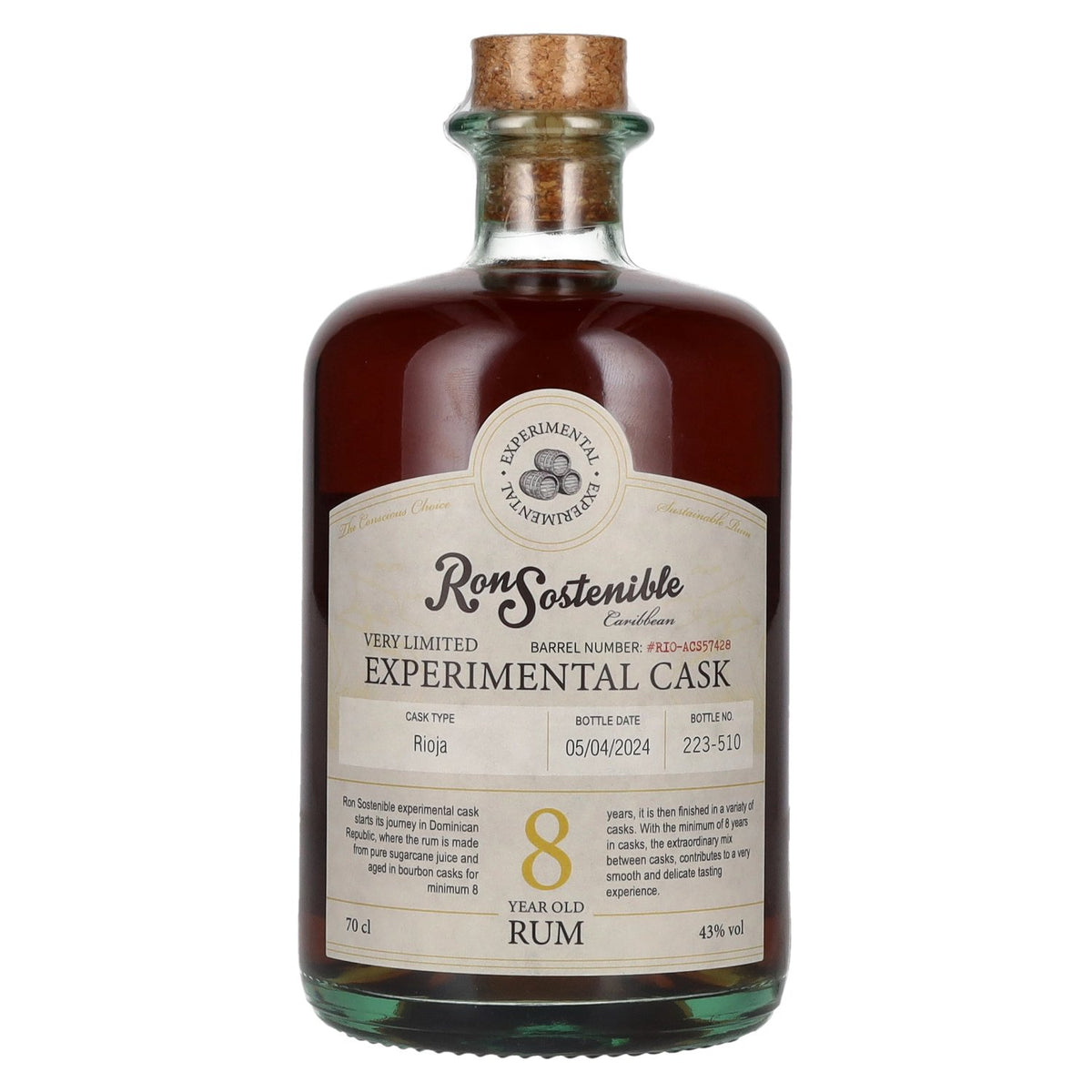 Ron Sostenible 8 ans d'âge, Rioja expérimental en fût, 43 % vol., 0,7 l