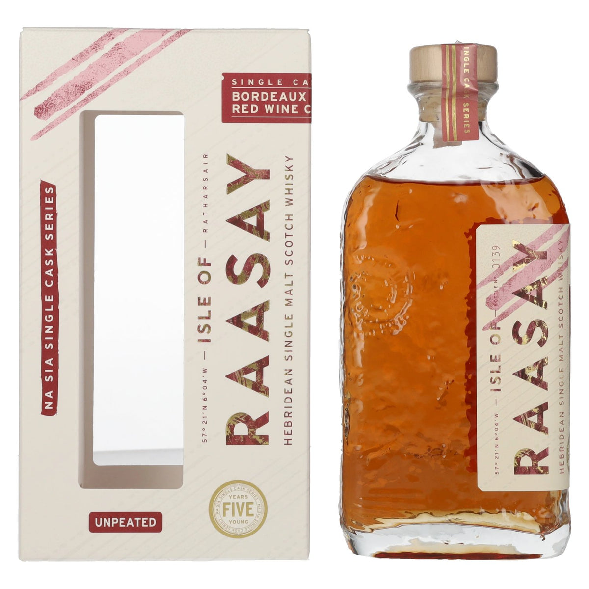 Isle of Raasay 5 ans d'âge, single malt vieilli en fûts de vin rouge de Bordeaux, 60,3 % vol., 0,7 l, dans un coffret cadeau