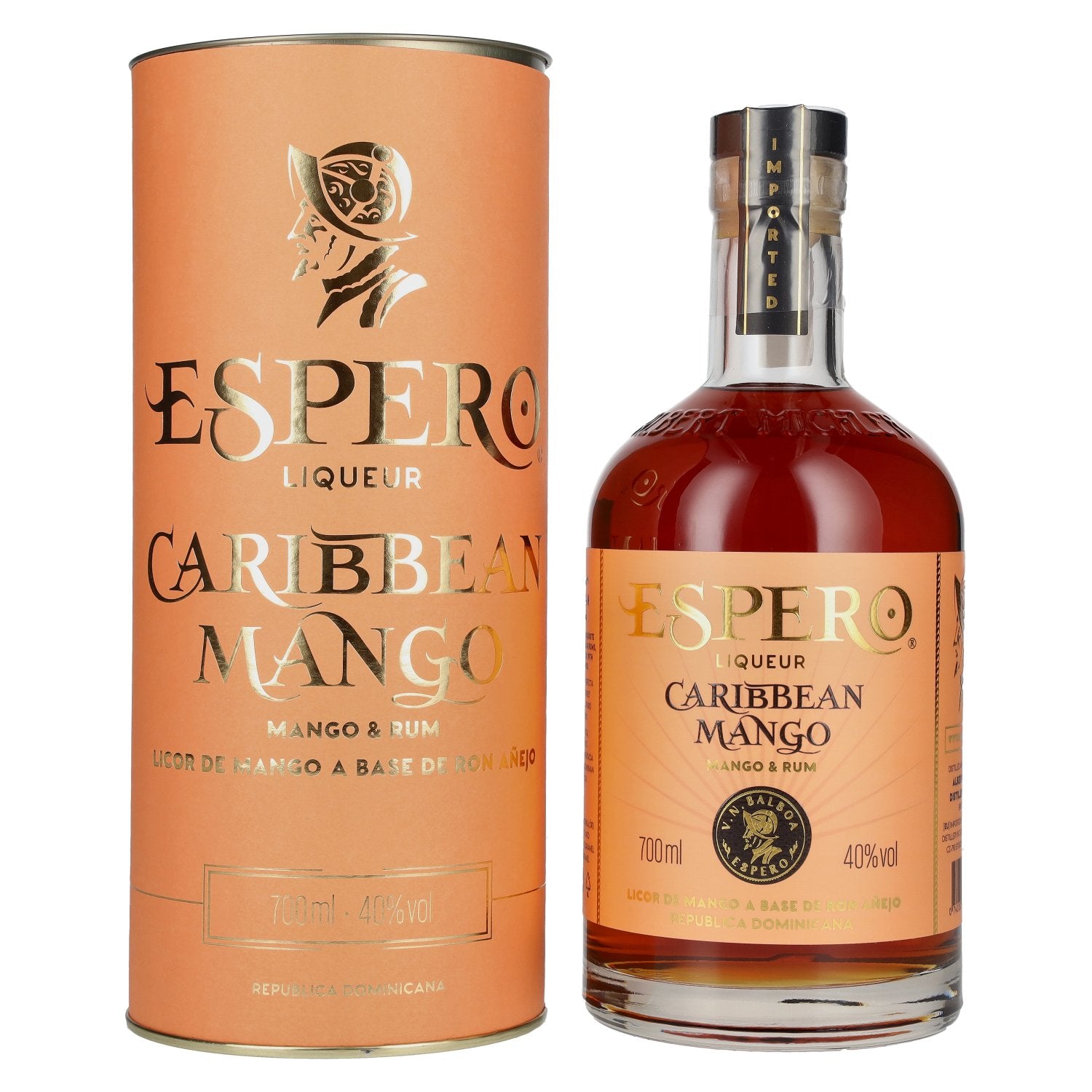 Ron Espero Caribbean Mango &amp; Rum Likeur 40% vol. 0,7 l in geschenkverpakking