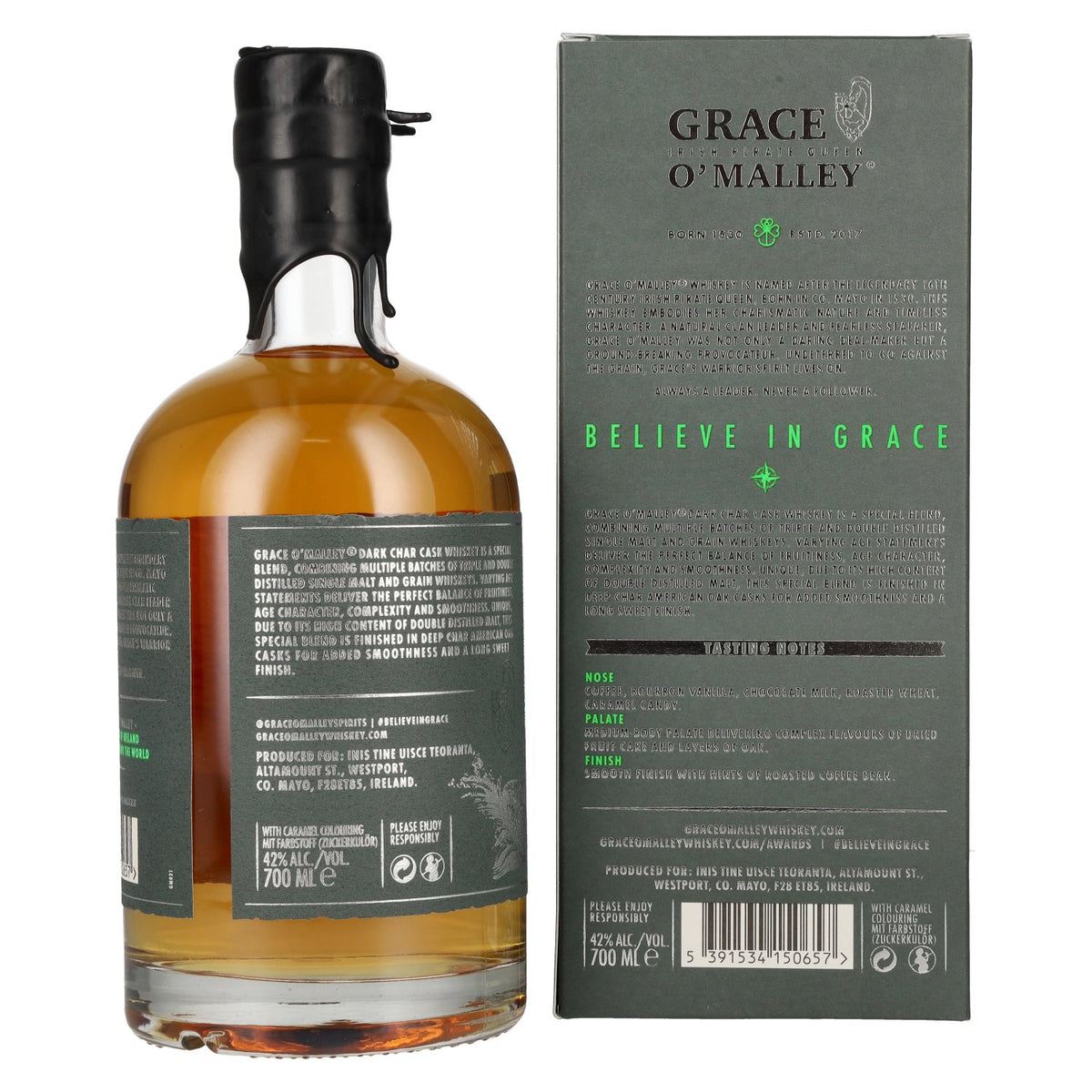Whisky Grace O' Malley Irish Pirate Queen, vieilli en fût « Dark Char », 42 % vol., 0,7 l, dans un coffret cadeau