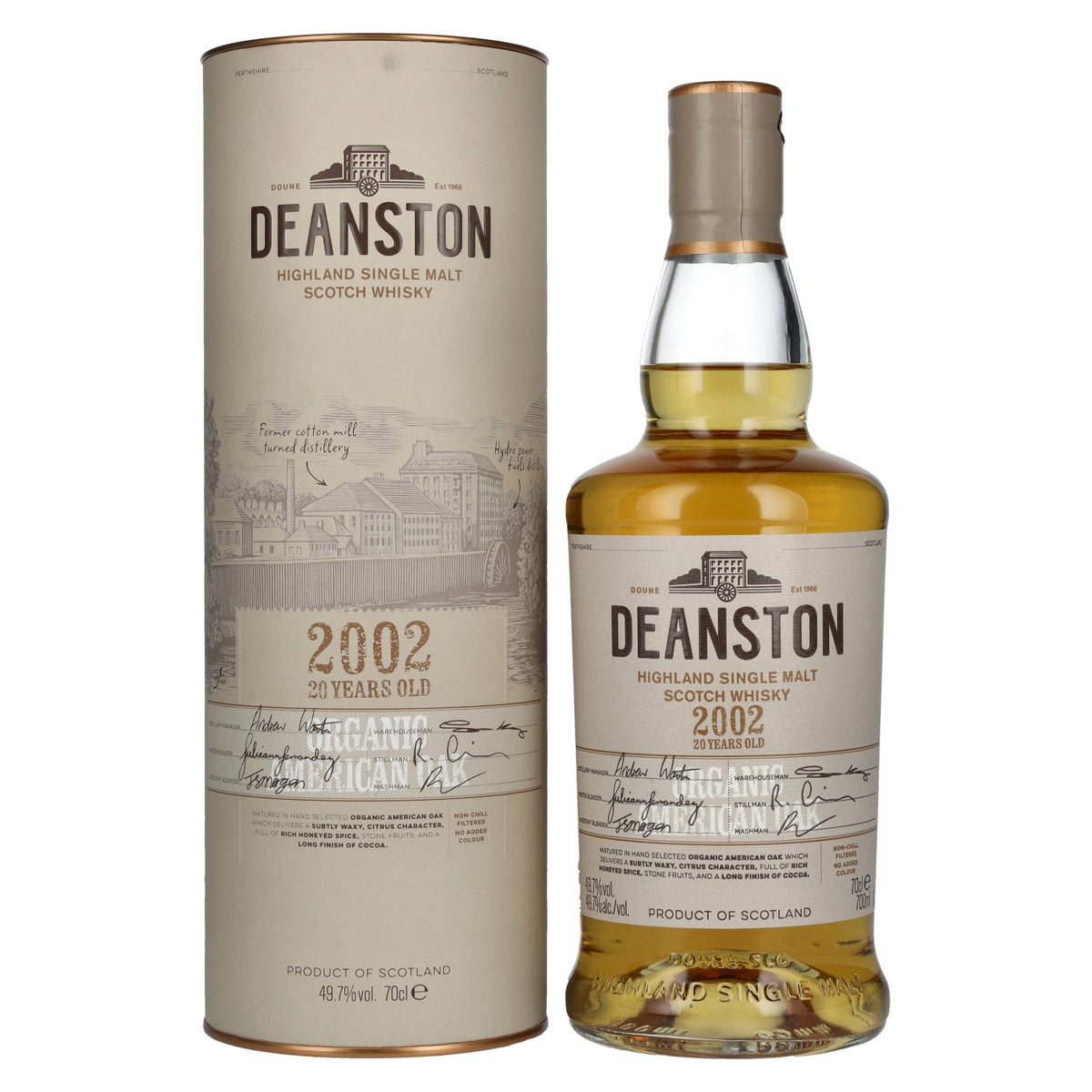 Deanston 20 Years Old Organic American Oak Highland Single Malt 2002 49.7% ABV 0.7l in a gift box