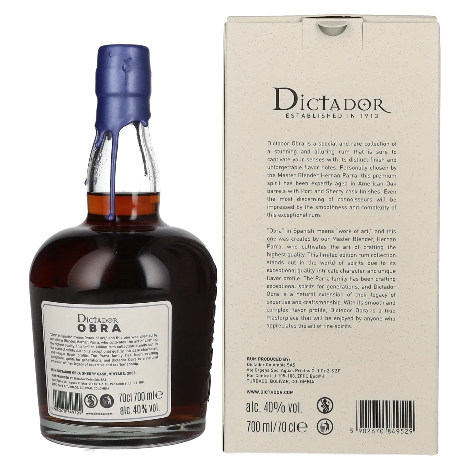 Dictador OBRA VINTAGE 20 Years Old SHERRY CASK Rum 2003 40% Vol. 0,7l in gift box