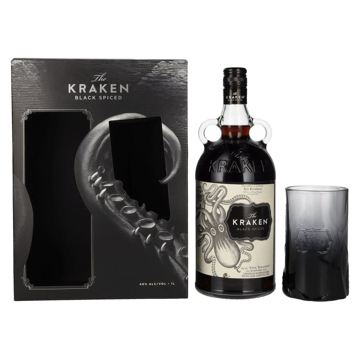 The Kraken Black Spiced 40 % vol., 1 l, dans un coffret cadeau avec un verre