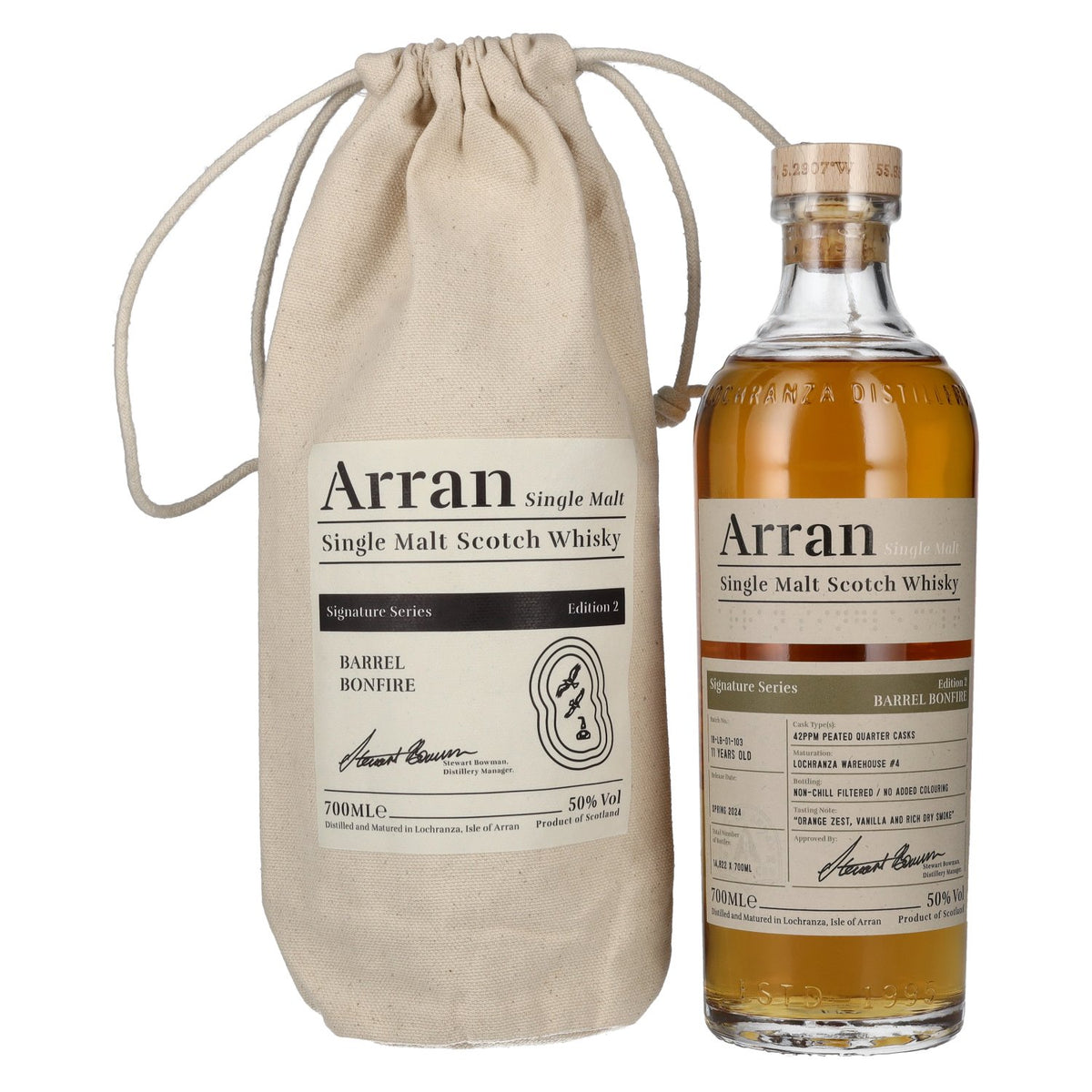 The Arran Whisky Signature Series 2 BARREL BONFIRE, whisky single malt écossais, 50 % vol., 0,7 l, dans un sac en toile