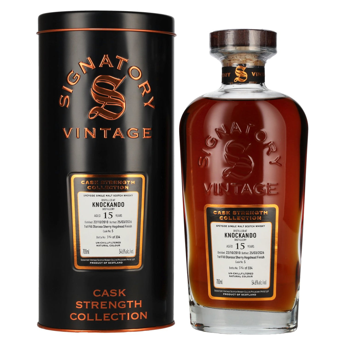 Signatory Vintage KNOCKANDO 15 Years Old 1st Fill Oloroso Sherry Cask Strength #5 2010 54,6% vol. 0,7 l in blikken doos