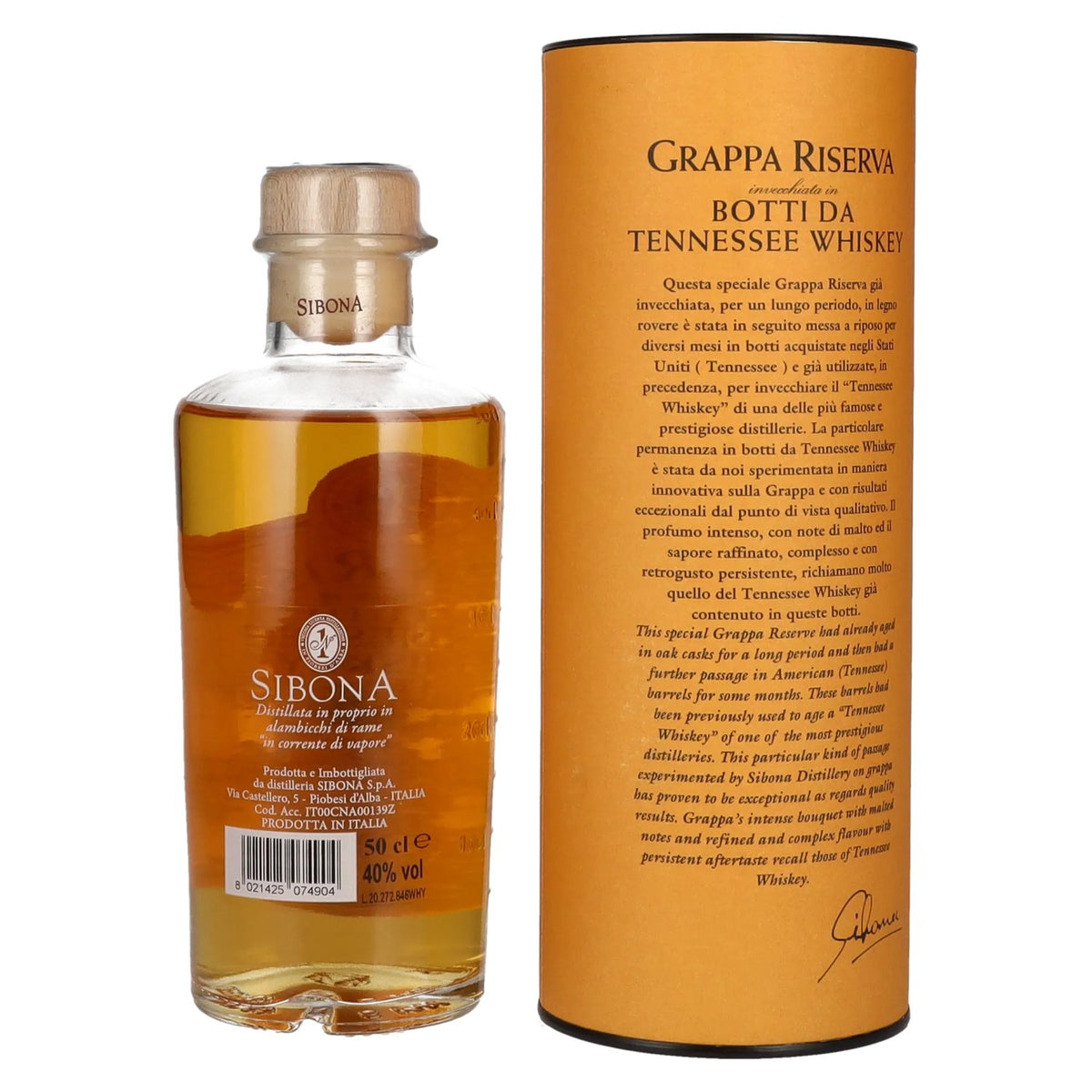 Sibona GRAPPA RISERVA aged in Tennessee whisky casks, 40% vol., 0.5 l, in a gift box