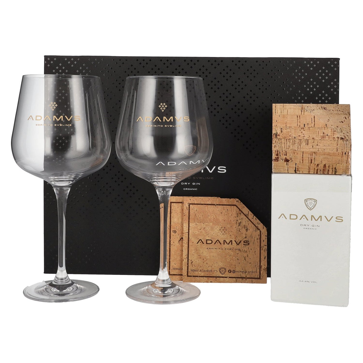 Adamus Dry Gin Organic Limited Edition 2020 44,4% vol. 0,7 l in geschenkverpakking met 2 glazen en kurken onderzetters