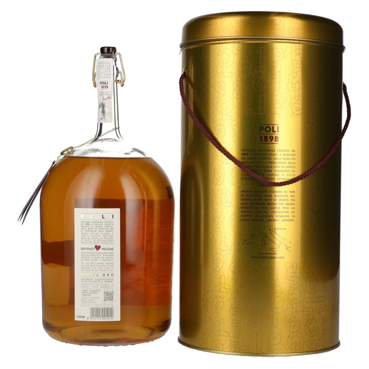 Poli Grappa Sarpa Oro di Poli 40% ABV 3 litres in a tin box
