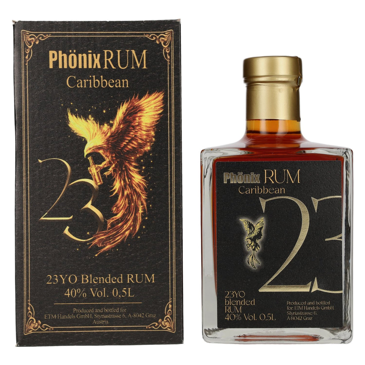 Phönix 23 Years Old Blended Caribbean Rum Black Design 40% ABV 0.5 l in a gift box