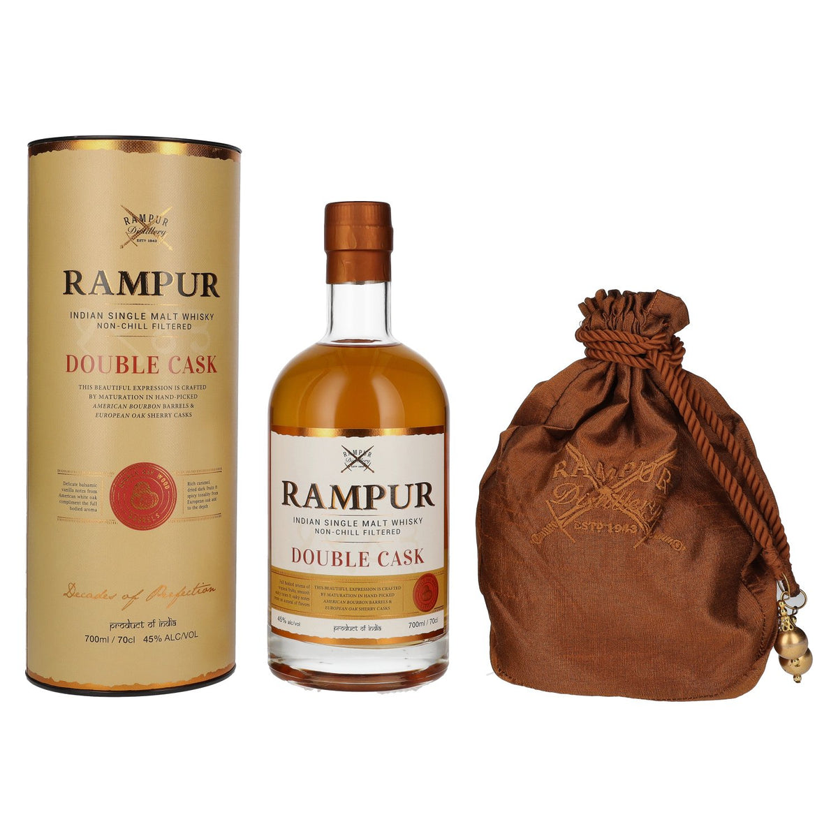 Rampur DOUBLE CASK Indian Single Malt Whisky 45% ABV, 0.7 l, in a gift box with a pouch