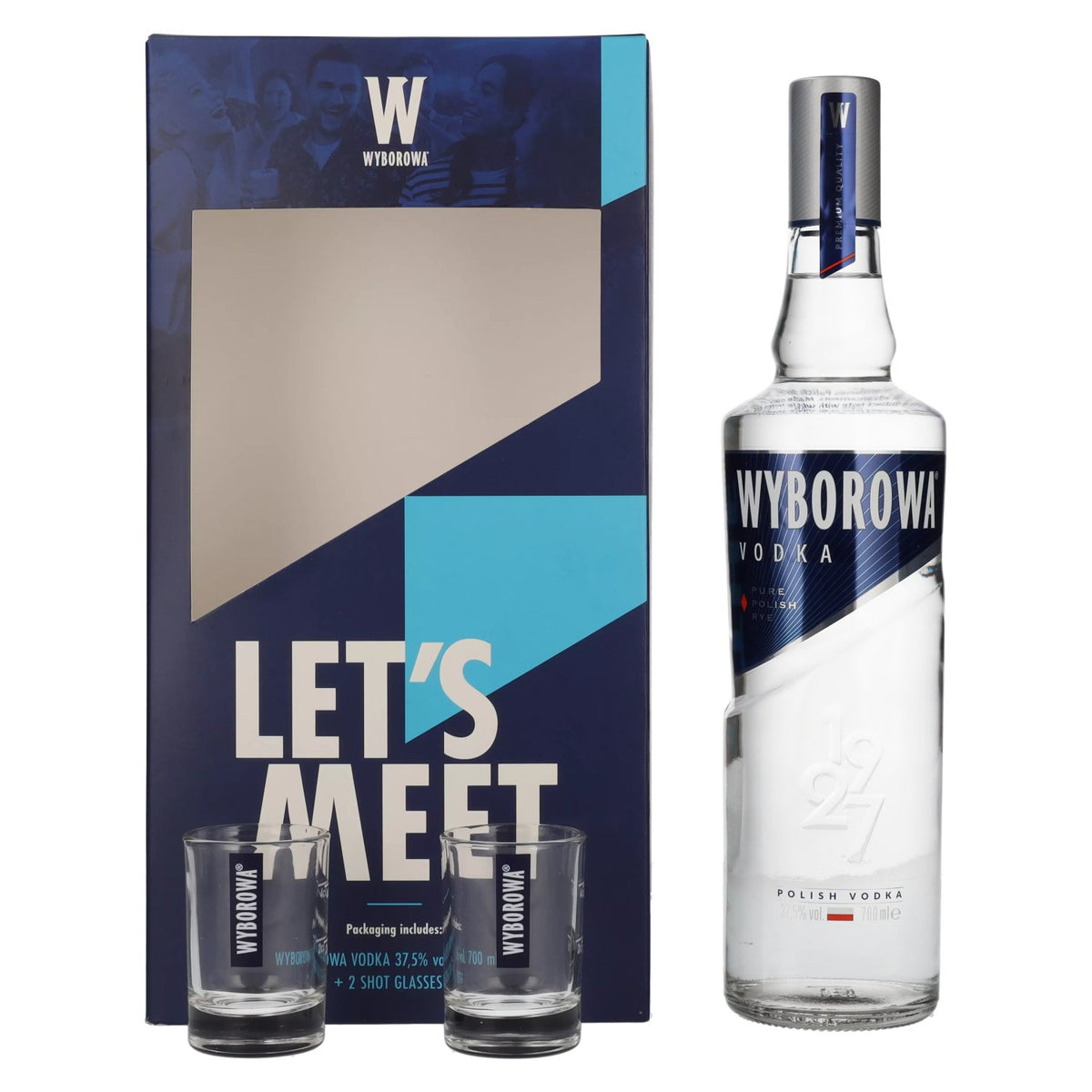 Vodka Wyborowa 37,5 % vol., 0,7 l, dans un coffret cadeau avec 2 verres à shot