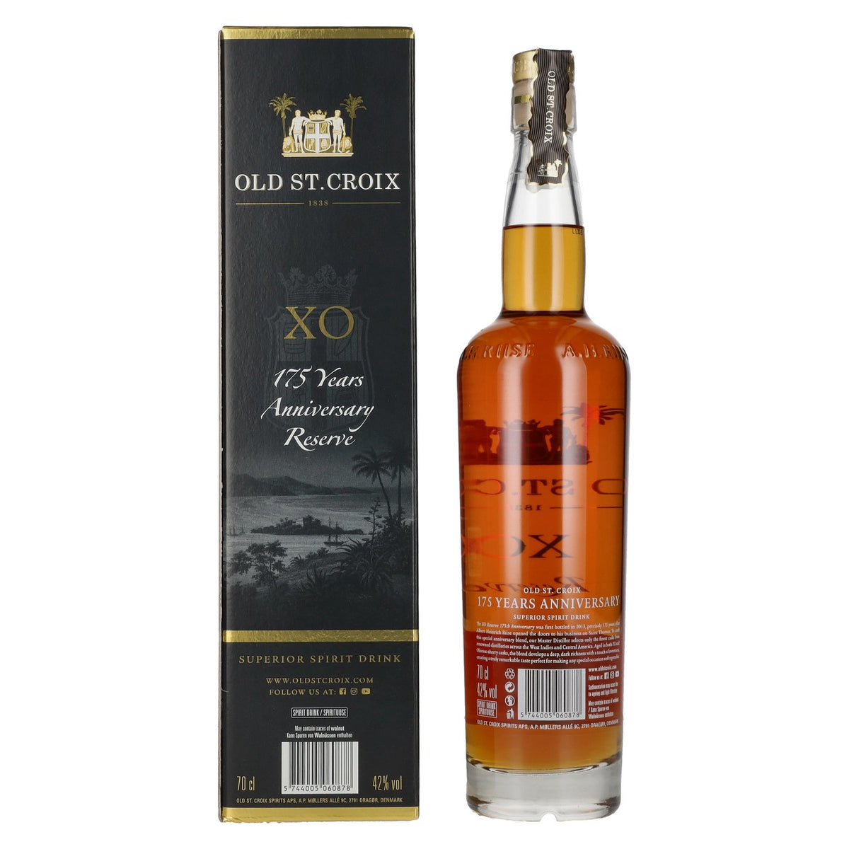 Oude St. Croix A.H. Riise X.O. Reserve 175 JAAR Jubileum Superieure Gedistilleerde drank 42% Vol. 0,7l in geschenkverpakking
