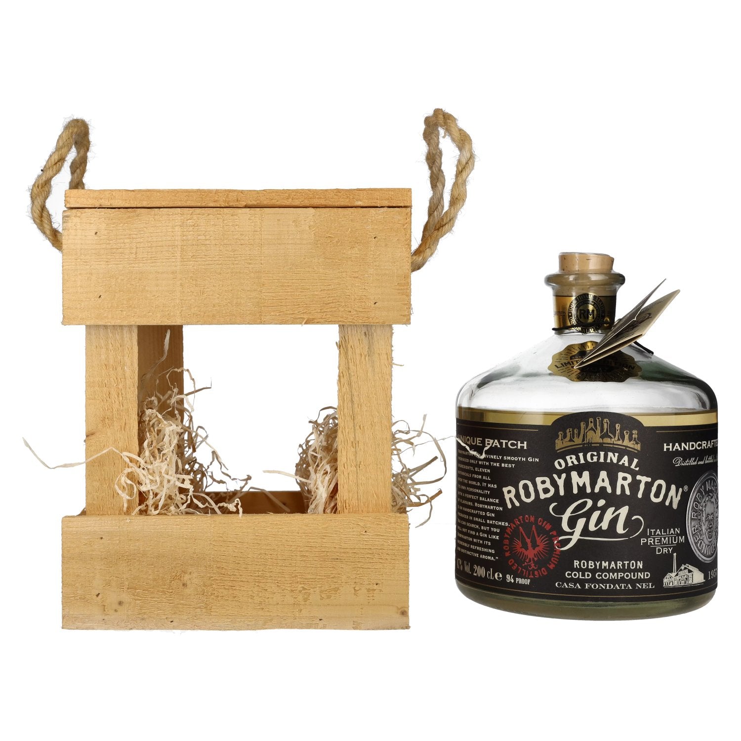 Roby Marton Gin Original Italiaanse Premium Dry 47% Vol. 2l in houten krat